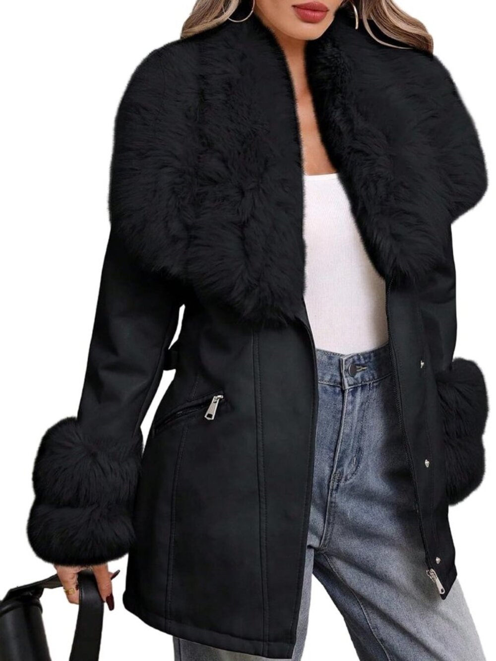 Chic Faux Leather Furry Jacket with Belt | Women's Fall Winter Coat